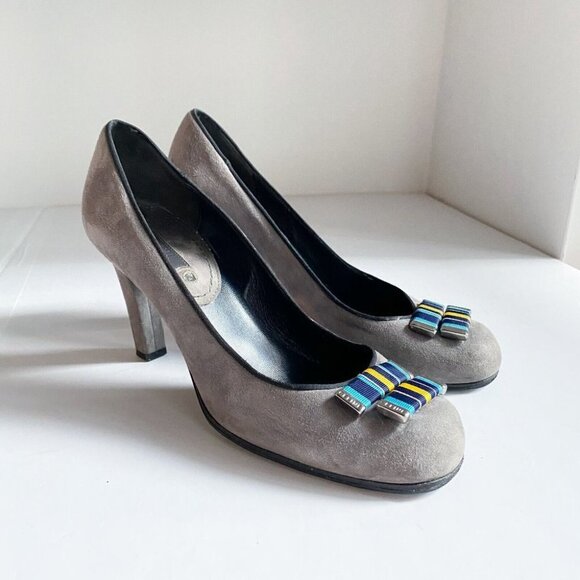 Celine Grey Suede Web Stripe Detail Round Toe High Heels 38  Italy - Picture 2 of 13